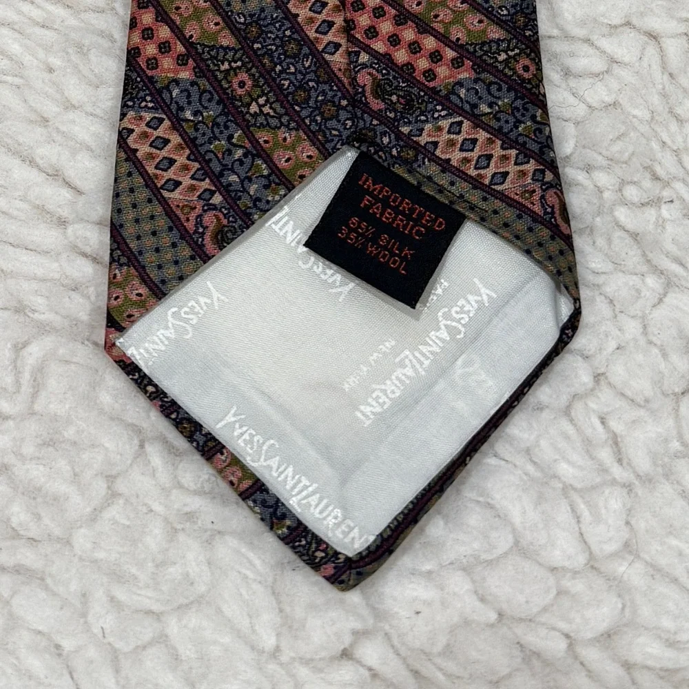 Vtg Yves Saint Laurent YSL Geometric Print Necktie Tie Multicolor Wool Silk Blen